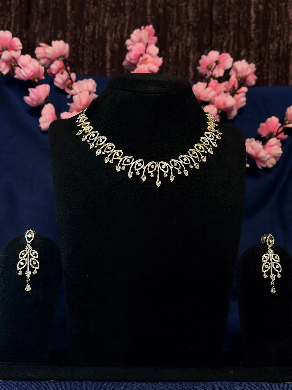 Gold Tone White AD Marquise Leaf Swirl Necklace Set