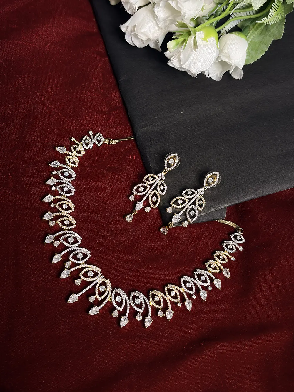 Gold Tone White AD Marquise Leaf Swirl Necklace Set