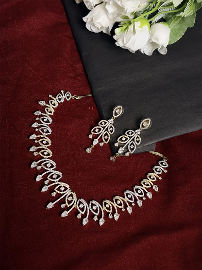 Gold Tone White AD Marquise Leaf Swirl Necklace Set