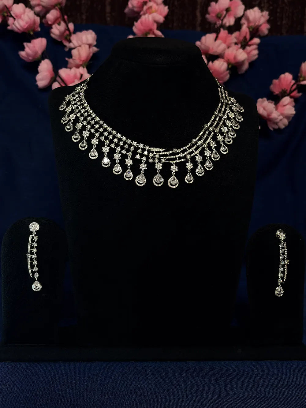White American Diamond Multi-Strand Teardrop Fringe Necklace Set with Dangler Earrings