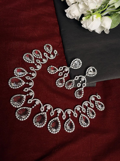 White American Diamond Open Swirl Teardrop Bridal Necklace Set with Dangler Earrings