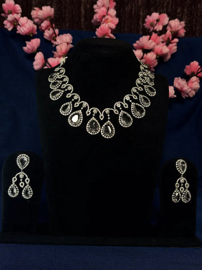 White American Diamond Open Swirl Teardrop Bridal Necklace Set with Dangler Earrings