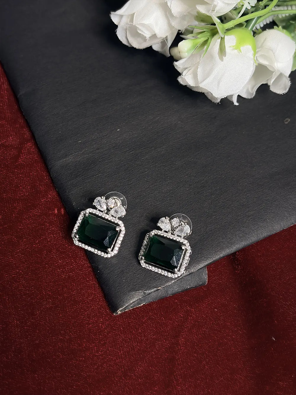 Black & White American Diamond Emerald Cut Choker Necklace Set with Stud Earrings