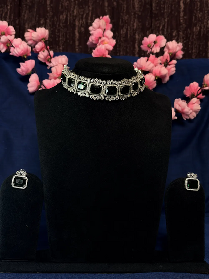 Black & White American Diamond Emerald Cut Choker Necklace Set with Stud Earrings