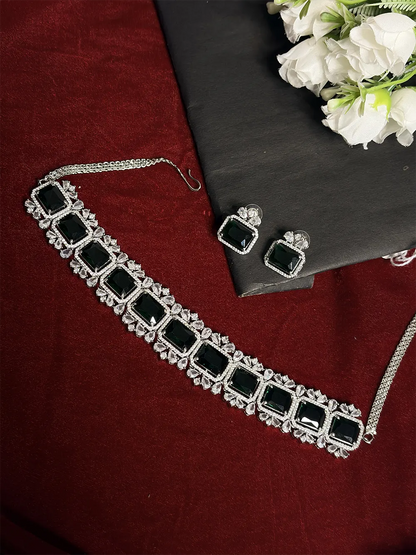 Black & White American Diamond Emerald Cut Choker Necklace Set with Stud Earrings