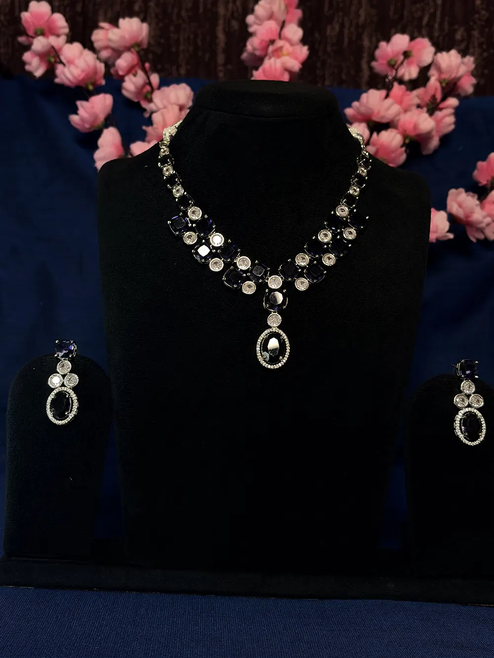 Navy Blue & White American Diamond Square Oval Pendant Necklace Set with Drop Earrings