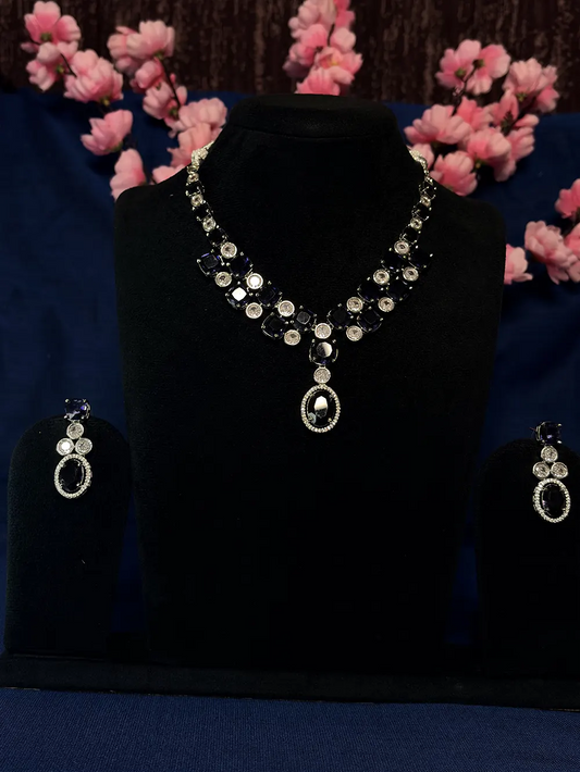 Navy Blue & White American Diamond Square Oval Pendant Necklace Set with Drop Earrings