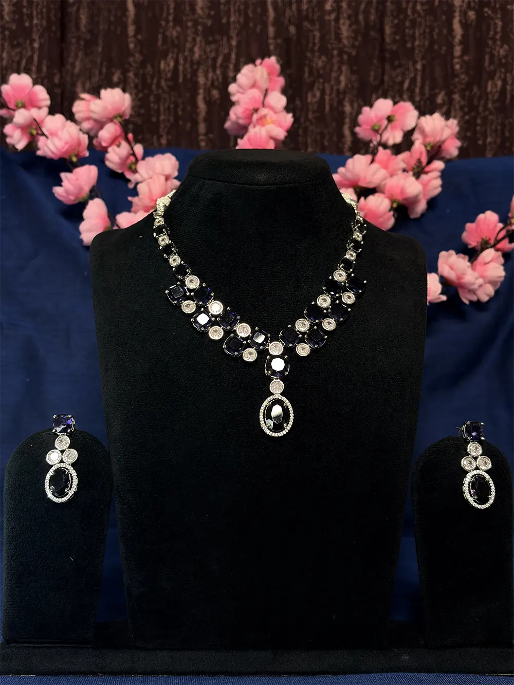 Navy Blue & White American Diamond Square Oval Pendant Necklace Set with Drop Earrings