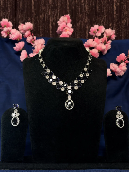 Navy Blue & White American Diamond Square Oval Pendant Necklace Set with Drop Earrings