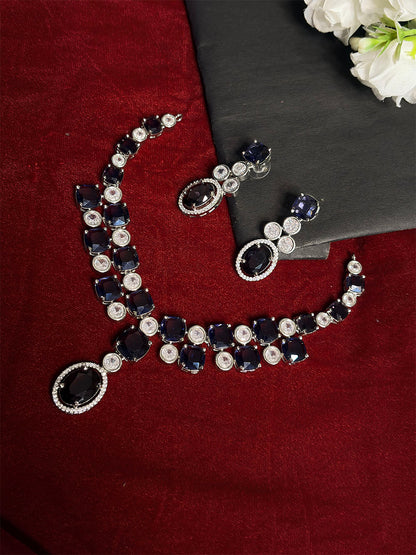 Deep Blue & White American Diamond Cushion Cut Oval Drop Necklace Set with Earrings
