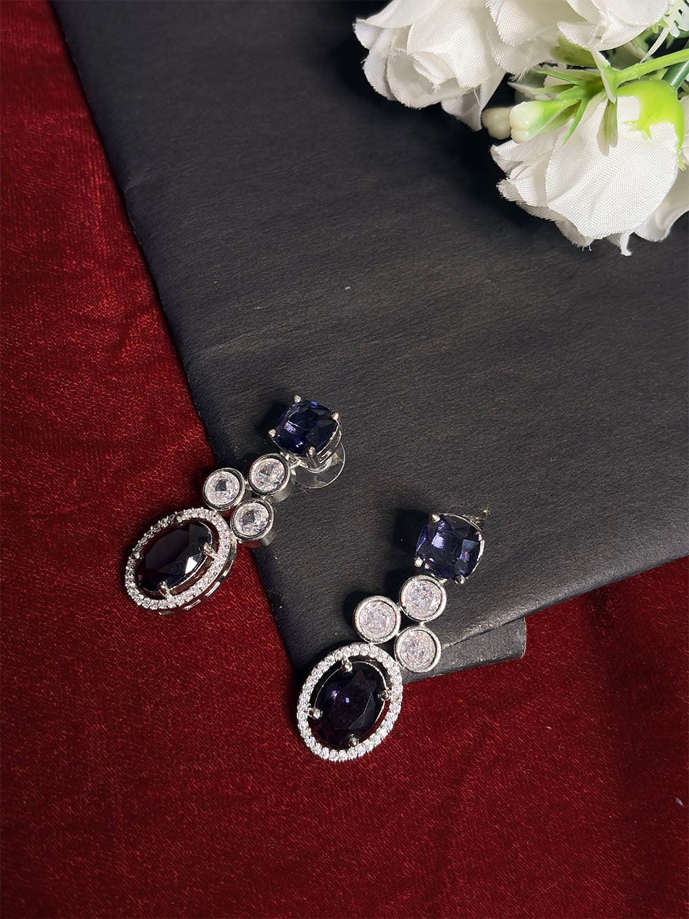 Deep Blue & White American Diamond Cushion Cut Oval Drop Necklace Set with Earrings