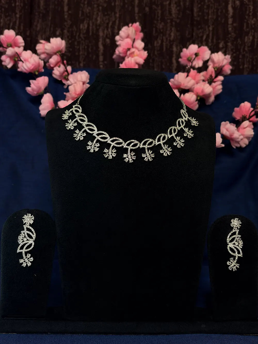 Silver White American Diamond Twisted Loop & Snowflake Necklace Set with Dangler Earrings