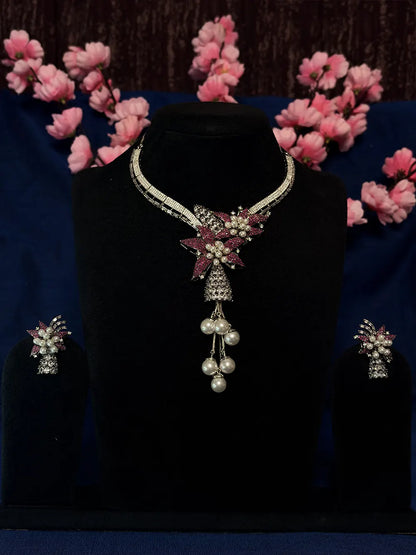 Pink Ruby & White American Diamond Floral Pearl Tassel Necklace Set with Stud Earrings