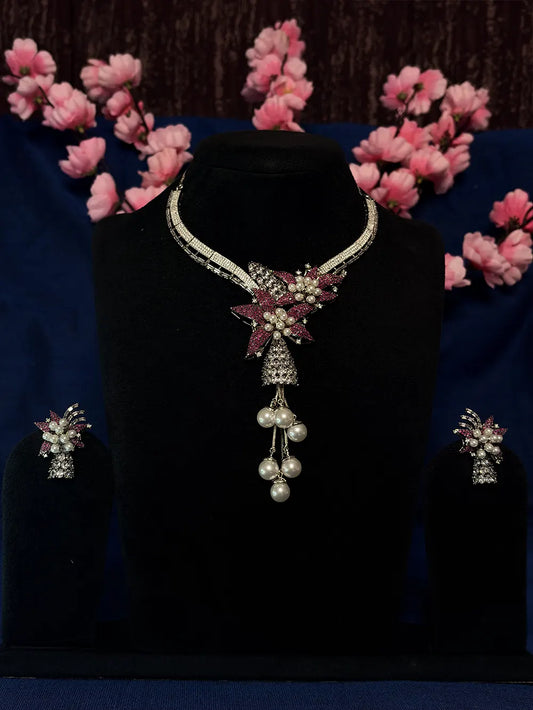 Pink Ruby & White American Diamond Floral Pearl Tassel Necklace Set with Stud Earrings