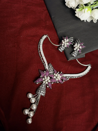 Pink Ruby & White American Diamond Floral Pearl Tassel Necklace Set with Stud Earrings