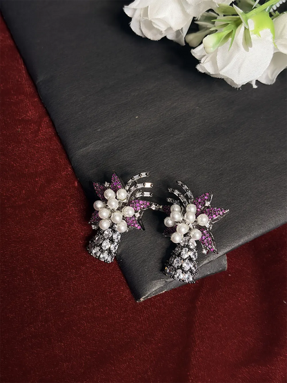 Pink Ruby & White American Diamond Floral Pearl Tassel Necklace Set with Stud Earrings
