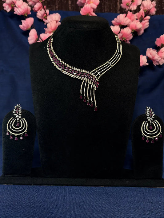 Wine Red & White American Diamond Asymmetric Leaf Fringe Necklace Set with Chandbali Earrings