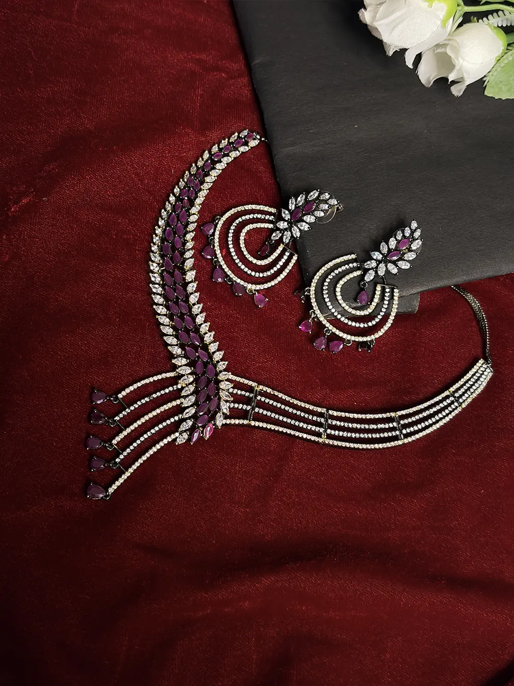 Wine Red & White American Diamond Asymmetric Leaf Fringe Necklace Set with Chandbali Earrings