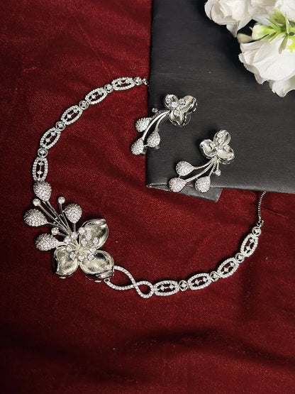 Silver White American Diamond 3D Blossom & Berry Branch Necklace Set with Stud Earrings
