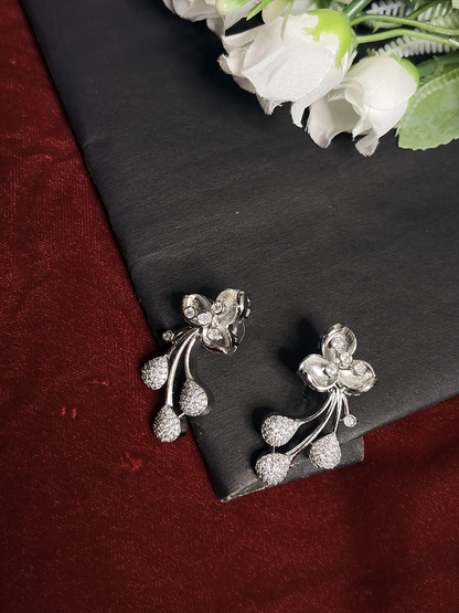Silver White American Diamond 3D Blossom & Berry Branch Necklace Set with Stud Earrings
