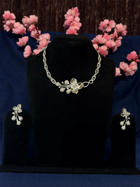 Silver White American Diamond 3D Blossom & Berry Branch Necklace Set with Stud Earrings
