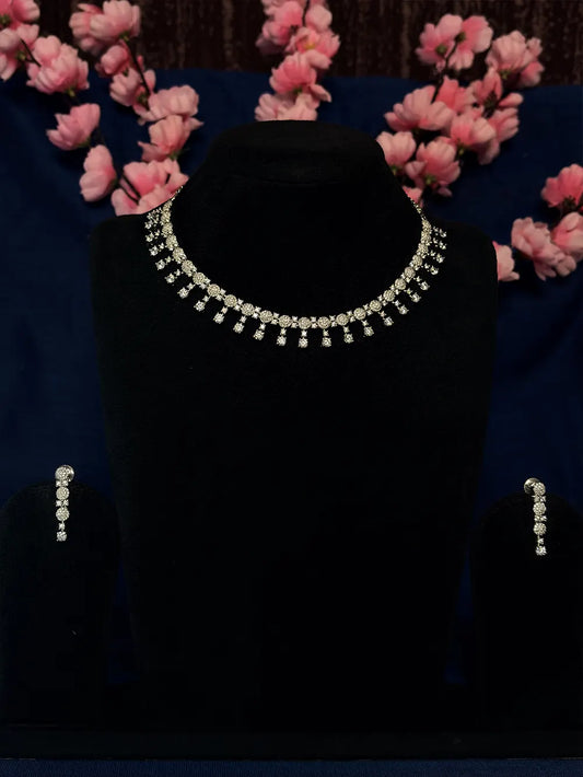 White American Diamond Cluster Rosette Fringe Choker Necklace Set with Linear Drop Earrings