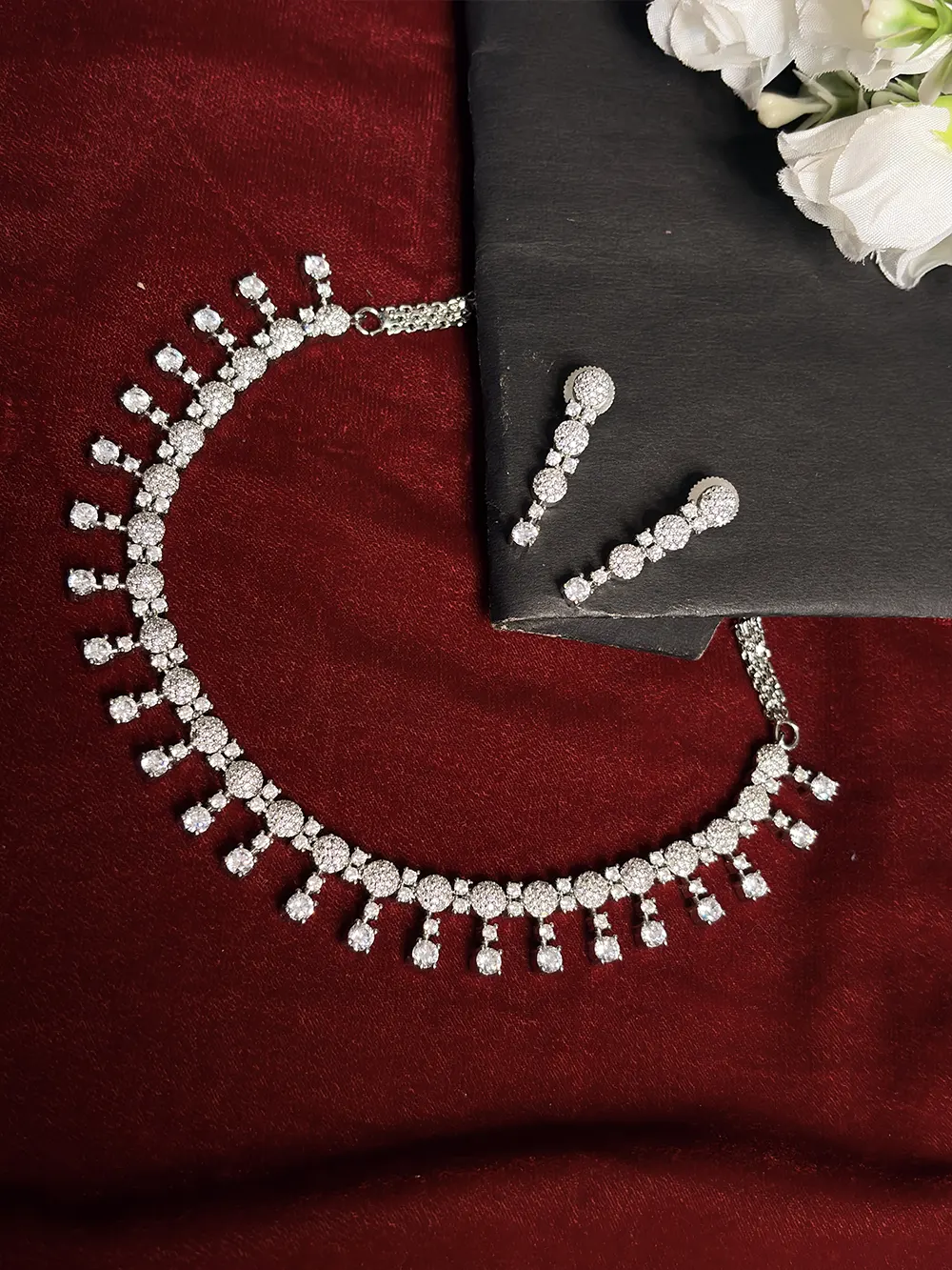 White American Diamond Cluster Rosette Fringe Choker Necklace Set with Linear Drop Earrings