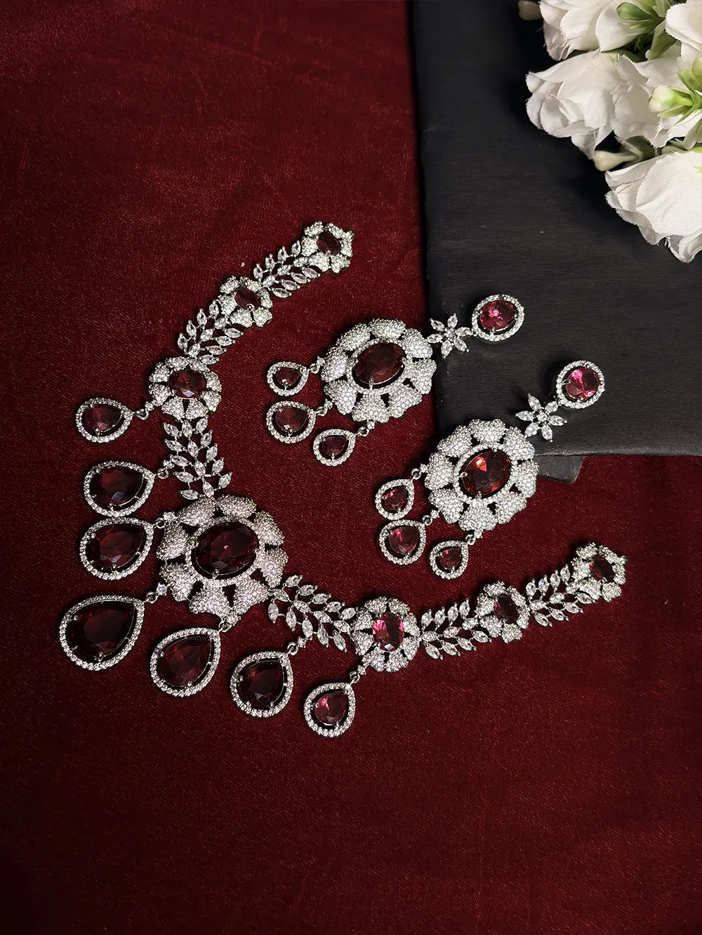 Deep Maroon & White American Diamond Floral Teardrop Bridal Necklace Set with Dangler Earrings
