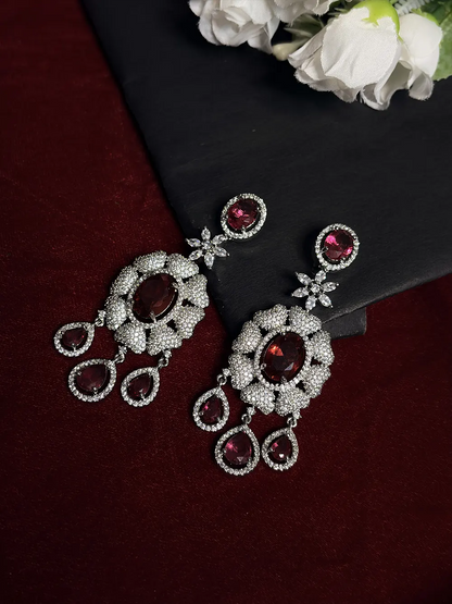 Deep Maroon & White American Diamond Floral Teardrop Bridal Necklace Set with Dangler Earrings