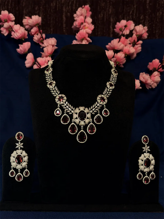 Deep Maroon & White American Diamond Floral Teardrop Bridal Necklace Set with Dangler Earrings