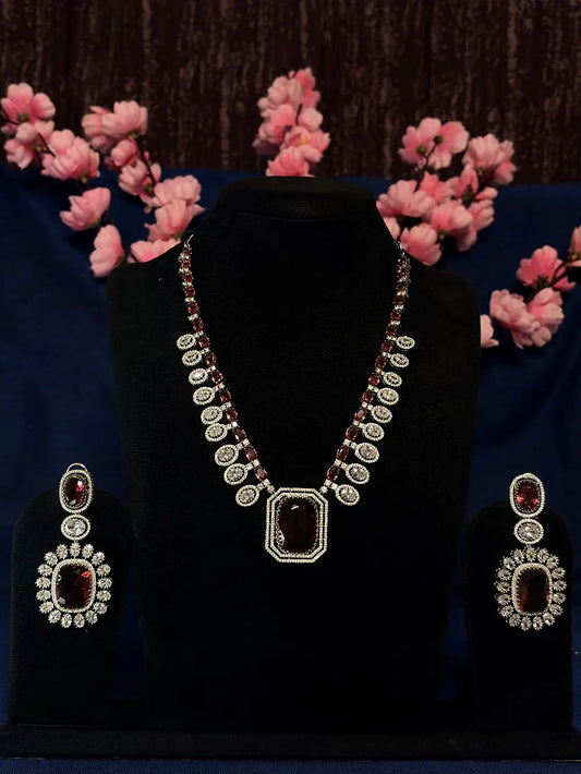 Ruby Red & White American Diamond Oval Graduated Emerald Cut Pendant Necklace Set with Drop Earrings