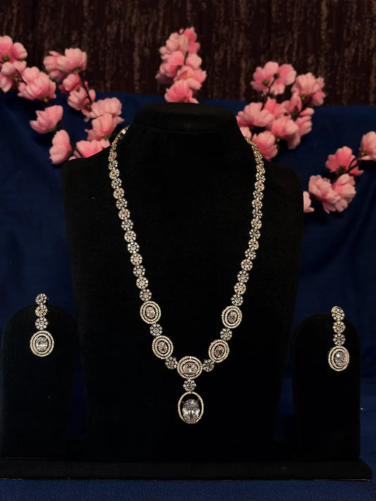 Gold Tone White American Diamond Long Oval Solitaire Graduated Chain Necklace Set with Drop Earrings