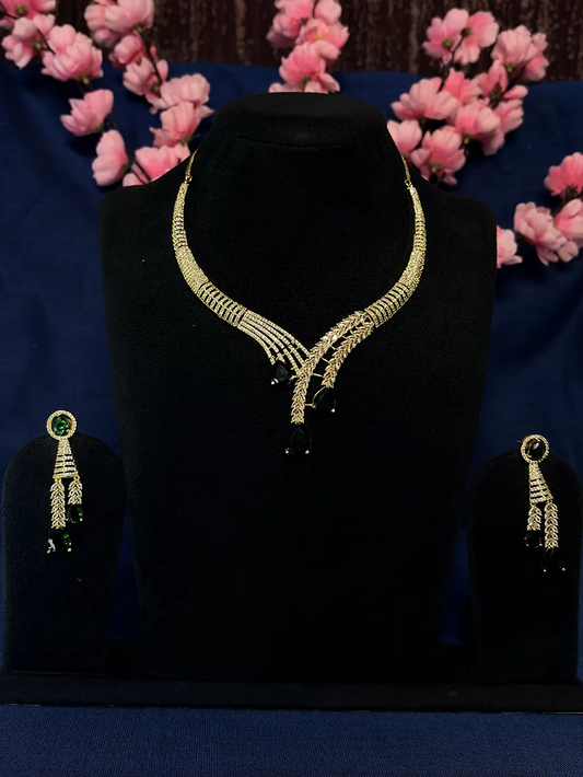 Emerald Green & Gold American Diamond Wheat Leaf V-Drop Necklace Set with Dangler Earrings