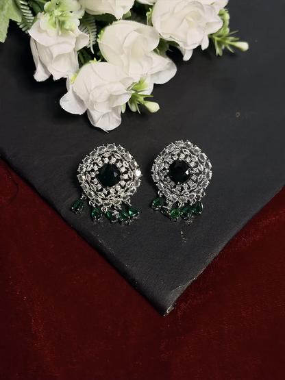 Emerald Green & White American Diamond Circular Medallion Bridal Necklace Set with Earrings