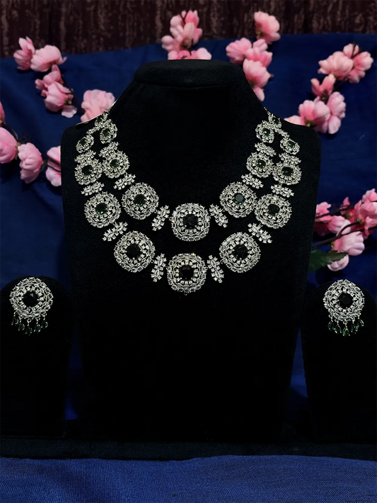Emerald Green & White American Diamond Circular Medallion Bridal Necklace Set with Earrings