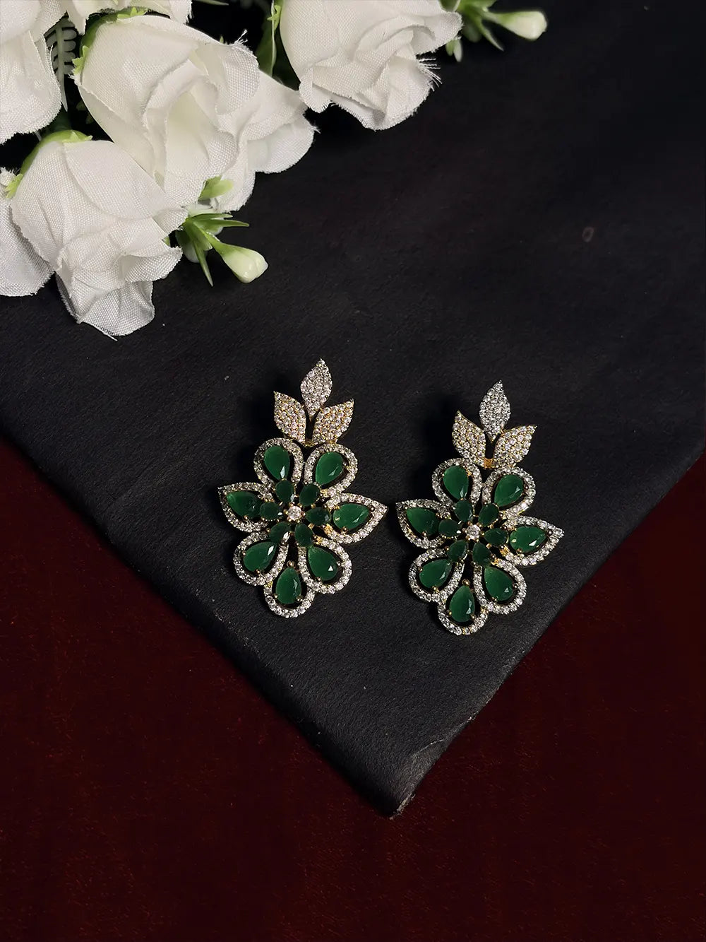 Emerald Green Floral American Diamond & Pearl Layered Necklace Set with Earrings