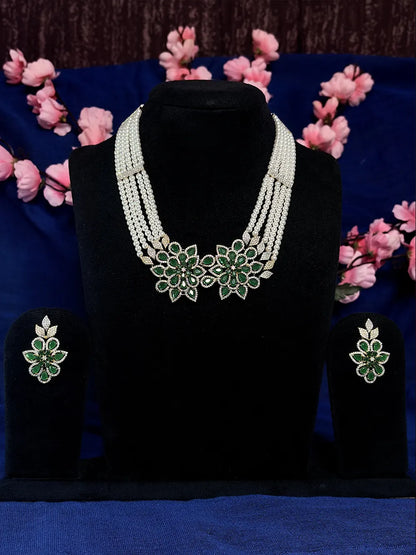 Emerald Green Floral American Diamond & Pearl Layered Necklace Set with Earrings