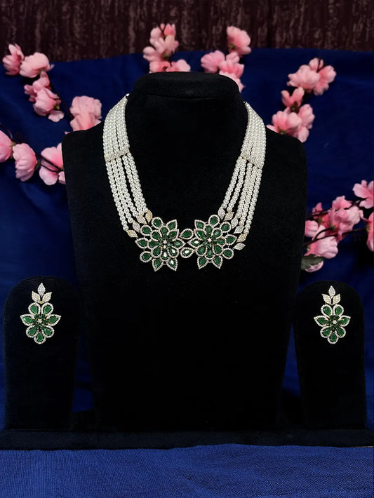 Emerald Green Floral American Diamond & Pearl Layered Necklace Set with Earrings