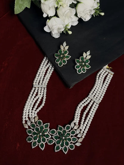 Emerald Green Floral American Diamond & Pearl Layered Necklace Set with Earrings