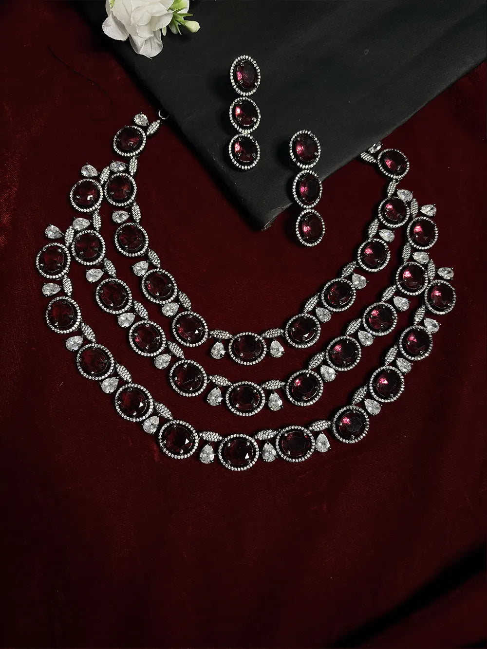 Wine Red American Diamond Triple Layered Necklace Set with Earrings