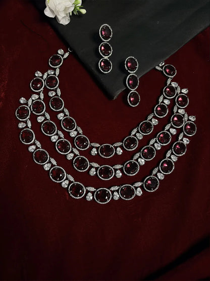 Wine Red American Diamond Triple Layered Necklace Set with Earrings