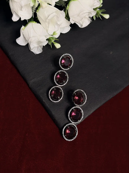Wine Red American Diamond Triple Layered Necklace Set with Earrings
