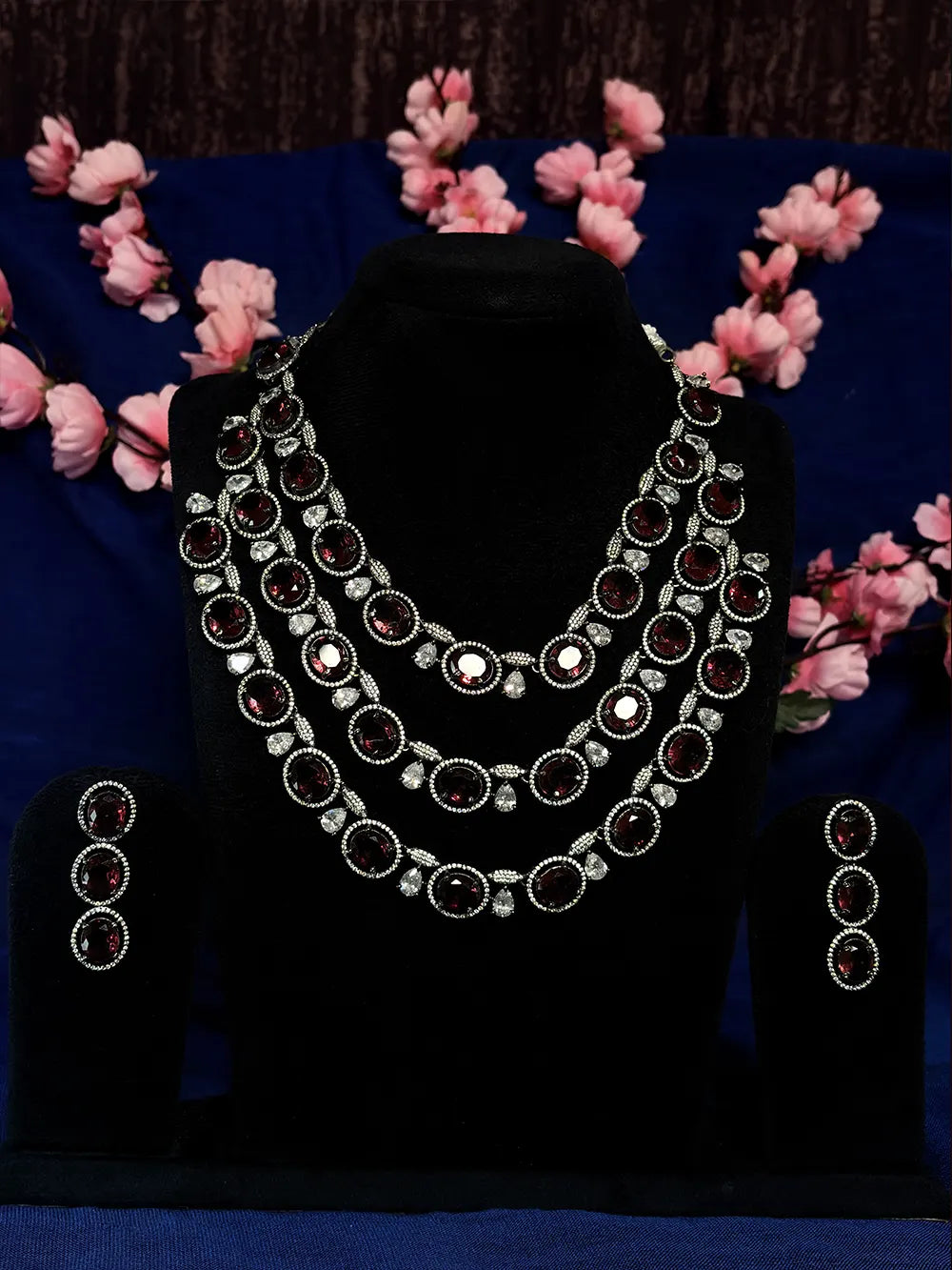 Wine Red American Diamond Triple Layered Necklace Set with Earrings