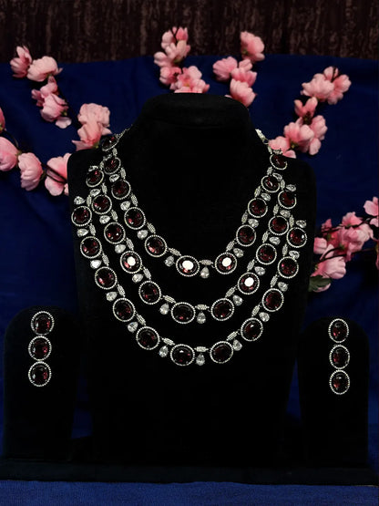 Wine Red American Diamond Triple Layered Necklace Set with Earrings