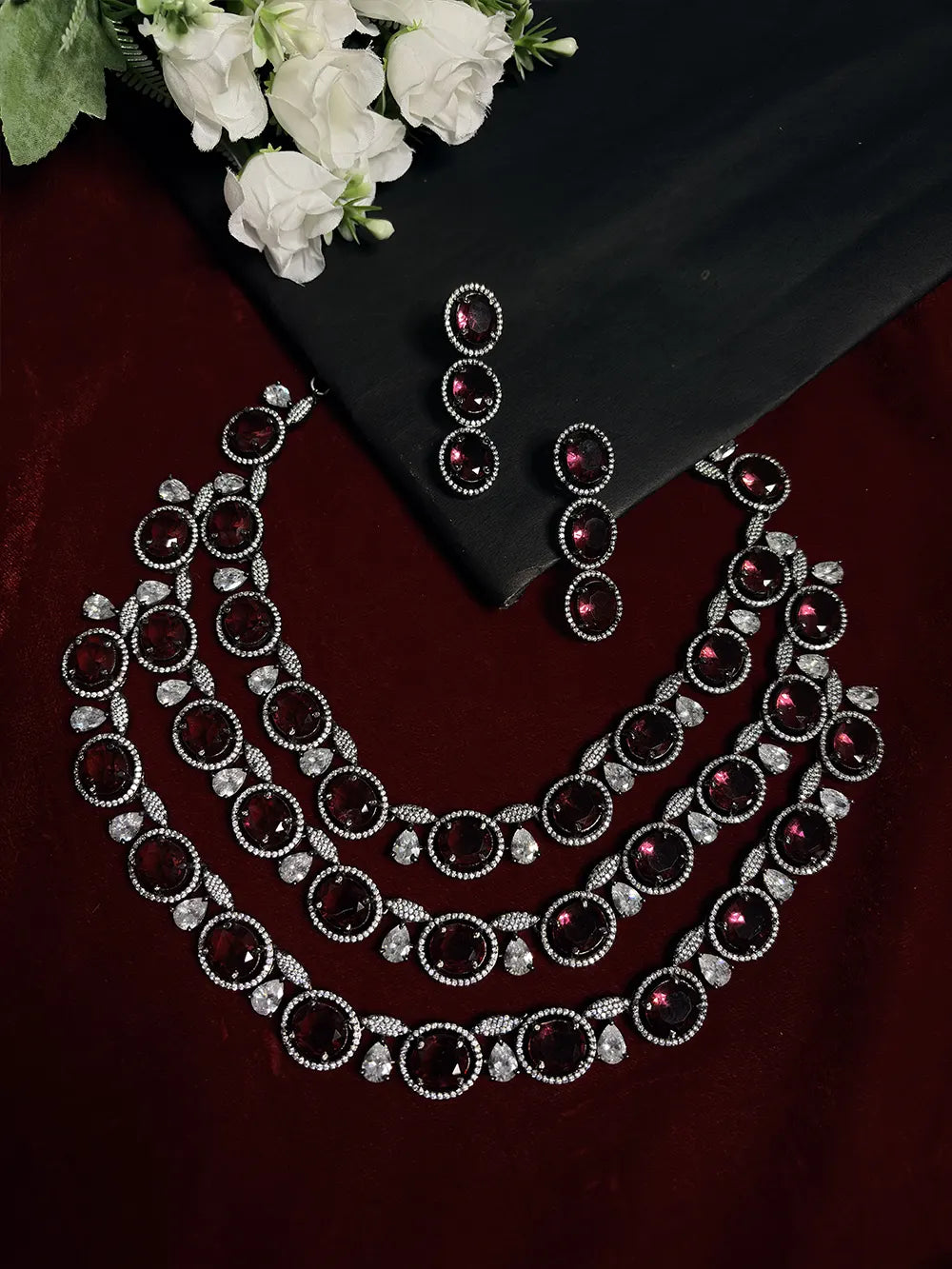 Wine Red American Diamond Triple Layered Necklace Set with Earrings