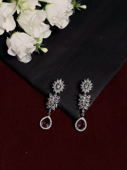 Pink & White American Diamond Floral Leaf Necklace Set with Drop Earrings