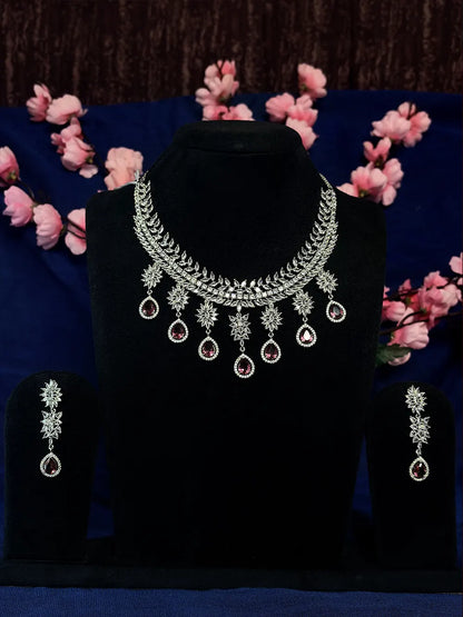 Pink & White American Diamond Floral Leaf Necklace Set with Drop Earrings