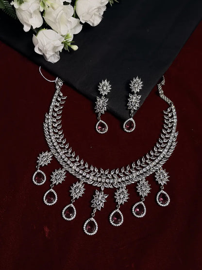 Pink & White American Diamond Floral Leaf Necklace Set with Drop Earrings