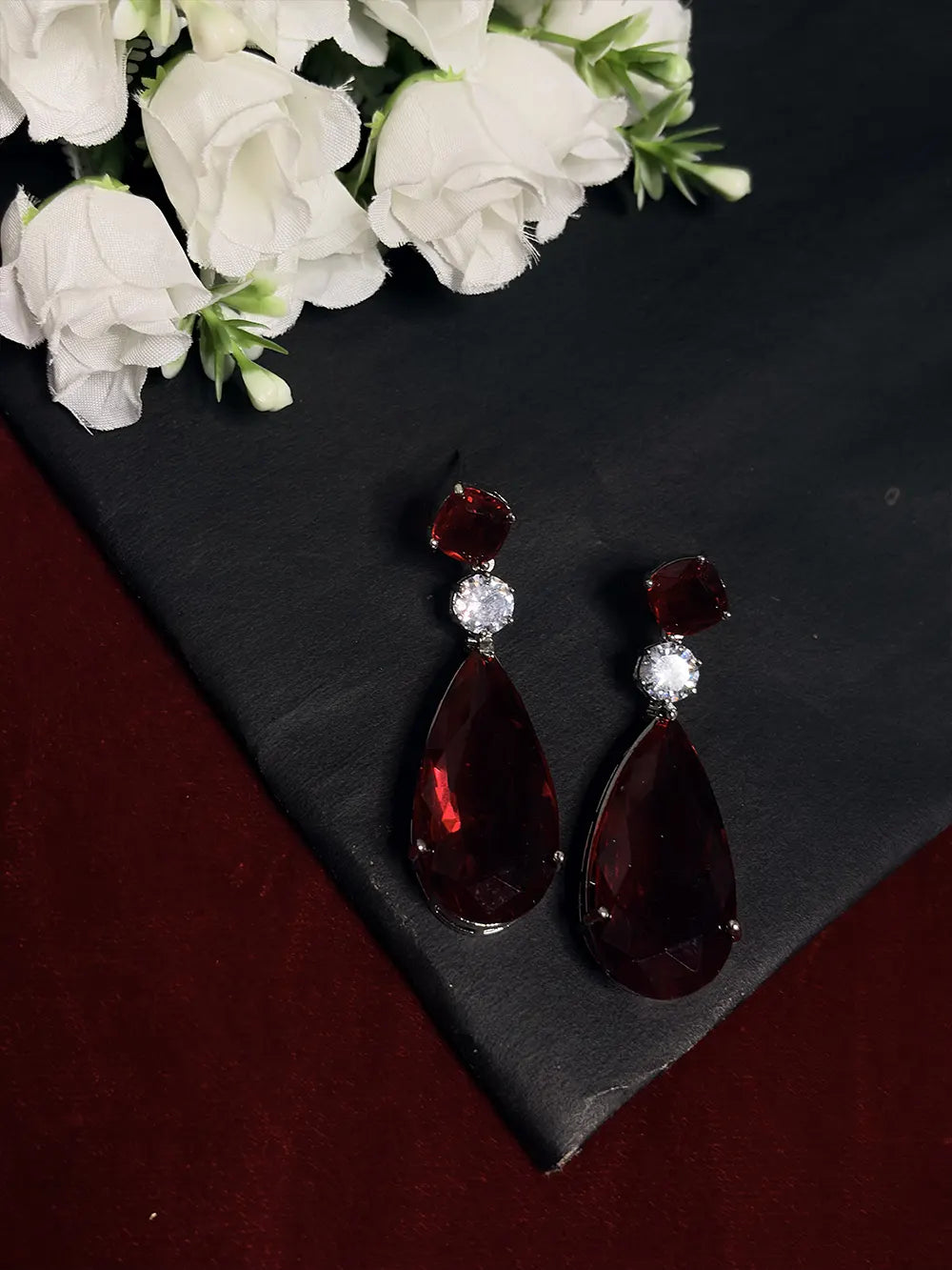 Deep Red American Diamond Teardrop Necklace Set with Earrings
