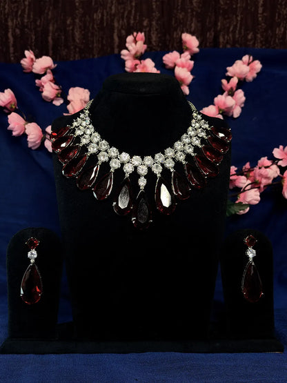 Deep Red American Diamond Teardrop Necklace Set with Earrings